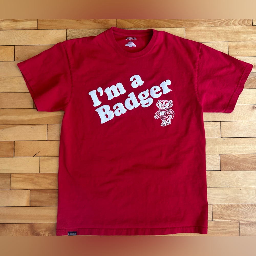 Jansport red/white ‘I’m a Badger’ 100% cotton short sleeve t-shirt Bucky Large